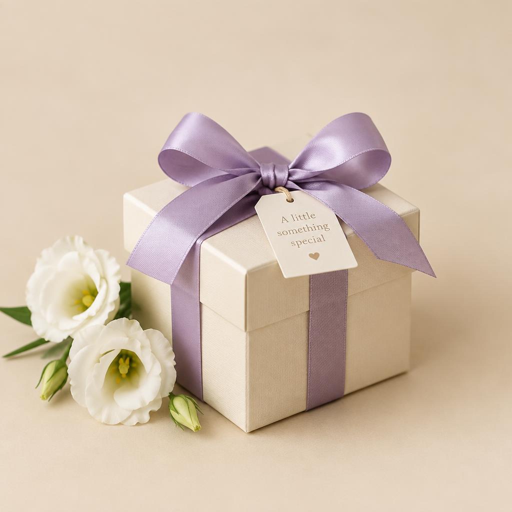 Gift box with lavender ribbon and flowers